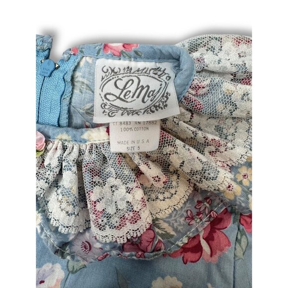 Vintage Le Maj Blue Pink Floral Cotton Toddler Dress Size 5 Made In USA - Picture 3 of 10